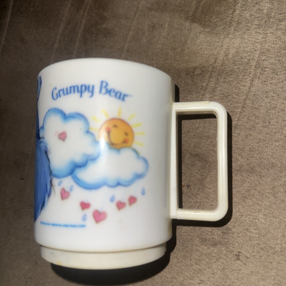 Vintage 1984 American Greetings Care Bears Plastic Cup Mug Blue Grumpy Bear HTF